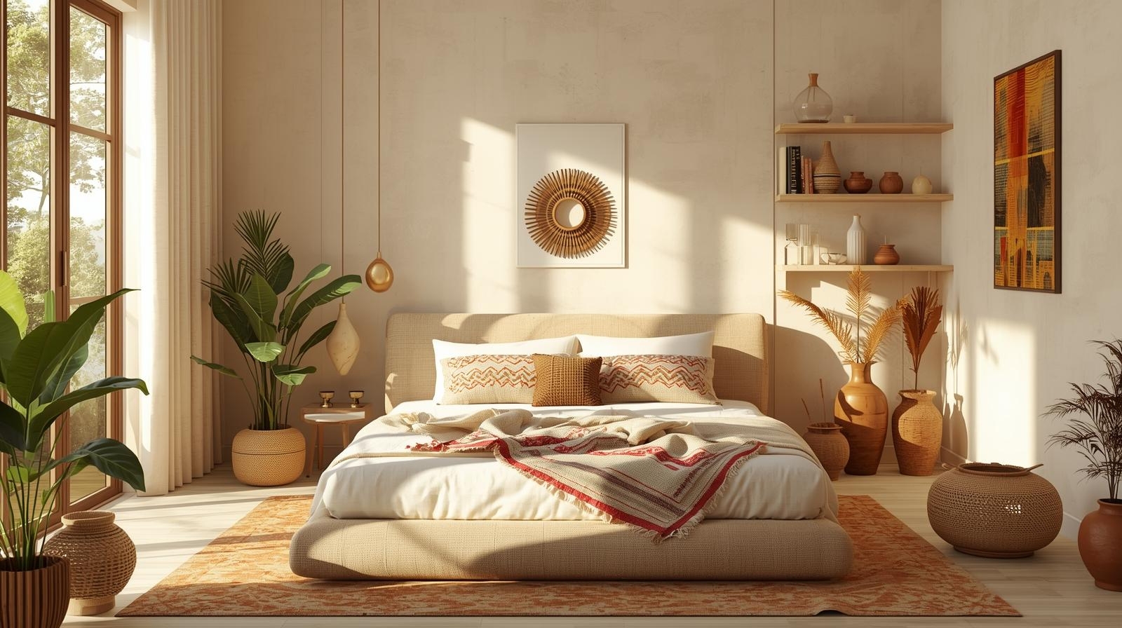 Modern Indian bedroom with warm tones, ethnic cushions, and natural light