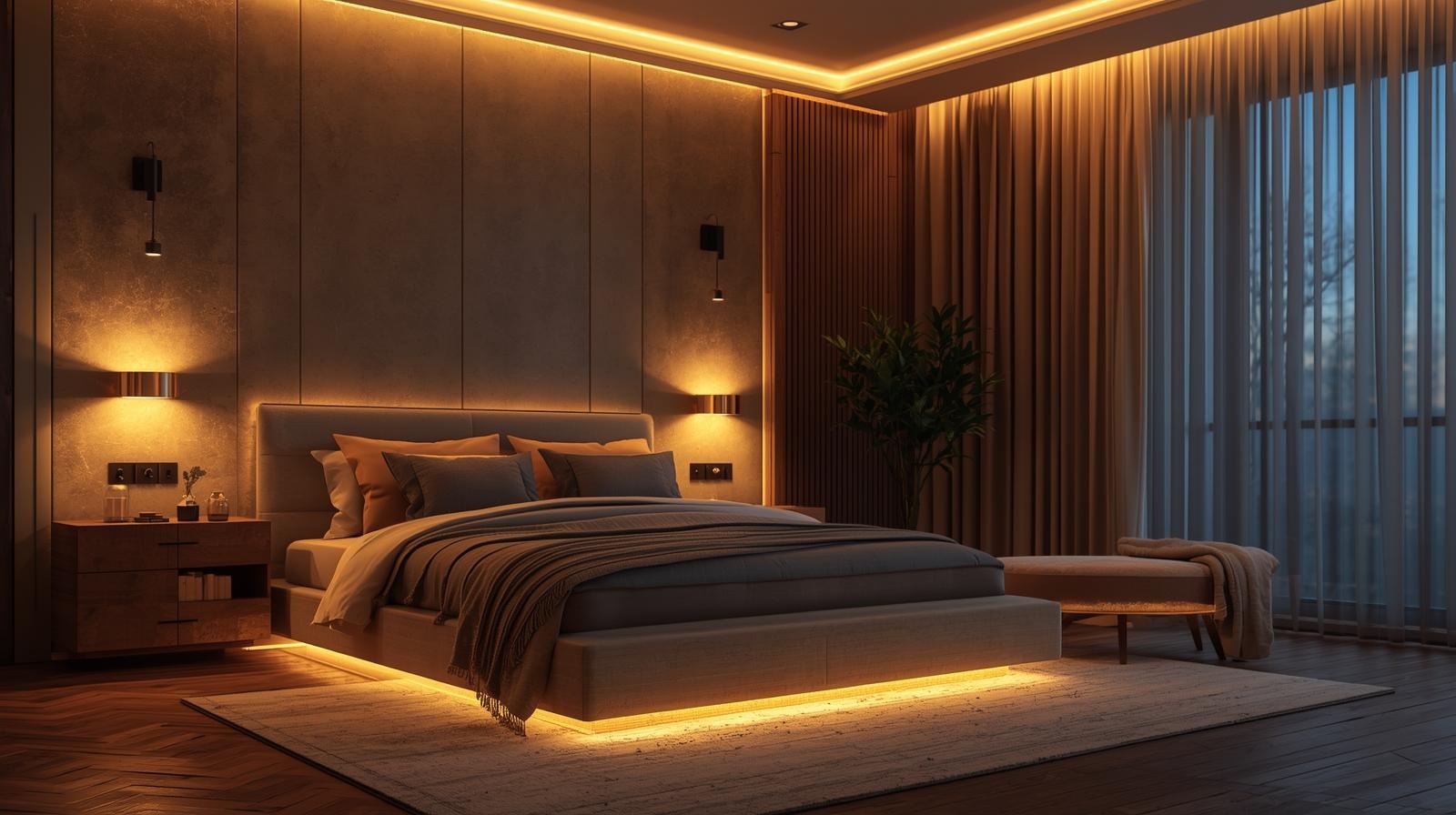 Warm modern bedroom with soft lighting, cozy bed, curtains, and plants