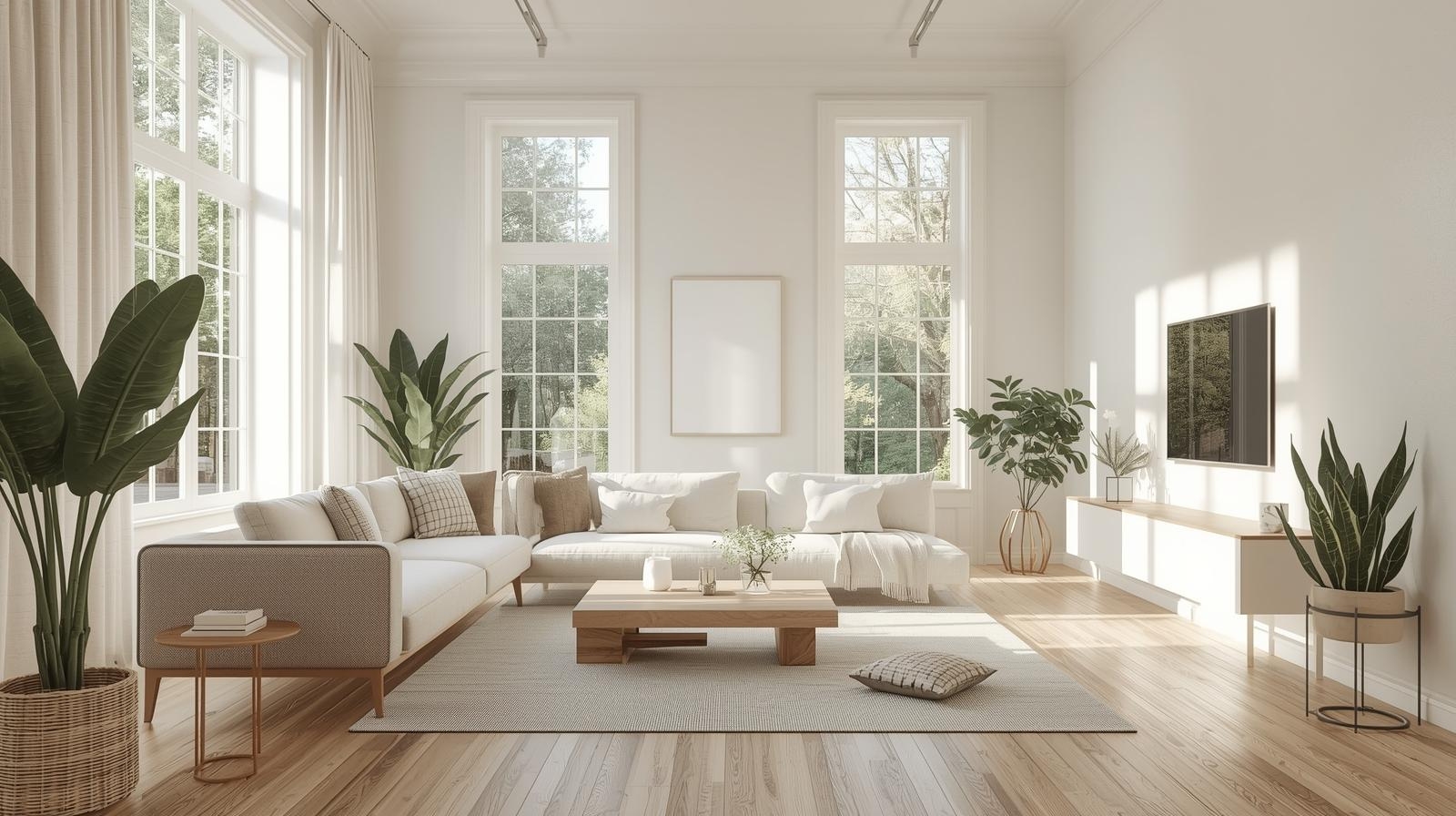 Realistic modern home interior with cozy sofa, plants, and natural light