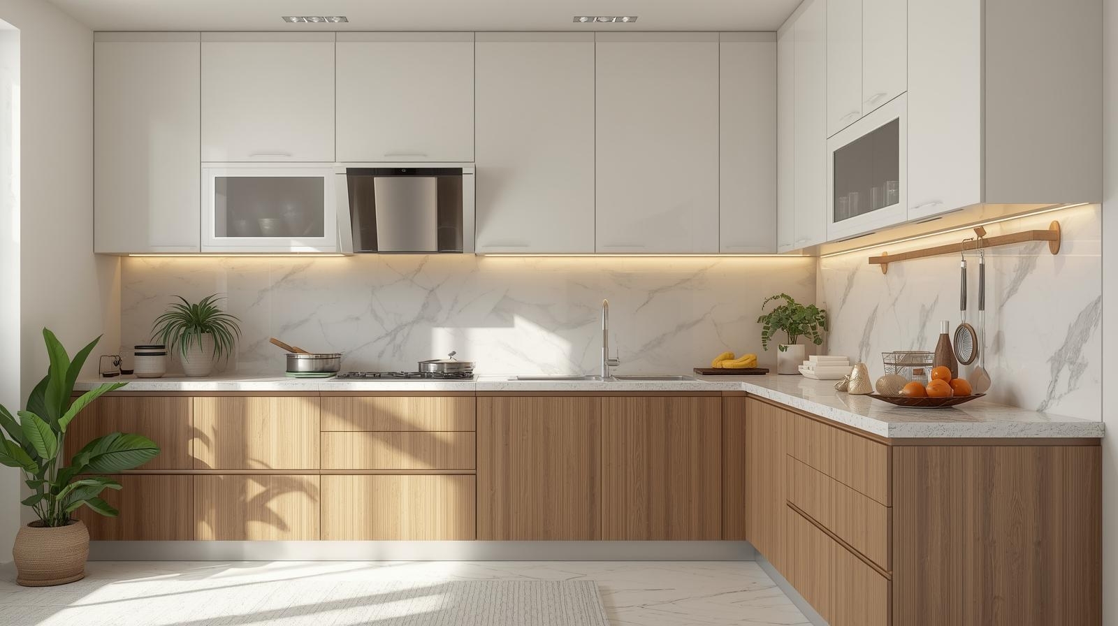 Modern modular kitchen with wood cabinets, quartz countertop, and warm lighting