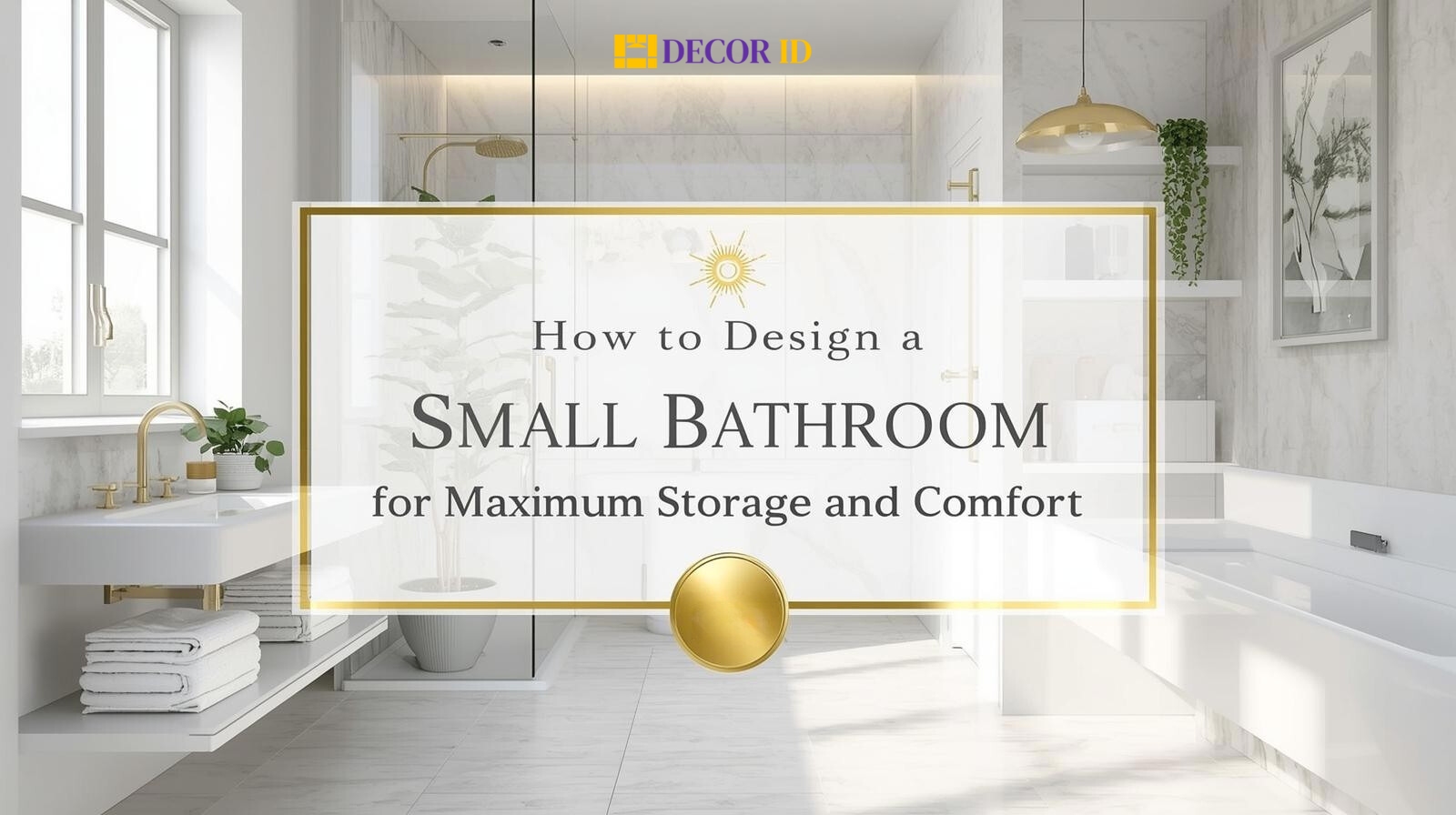 Modern small bathroom with white décor and banner title overlay.