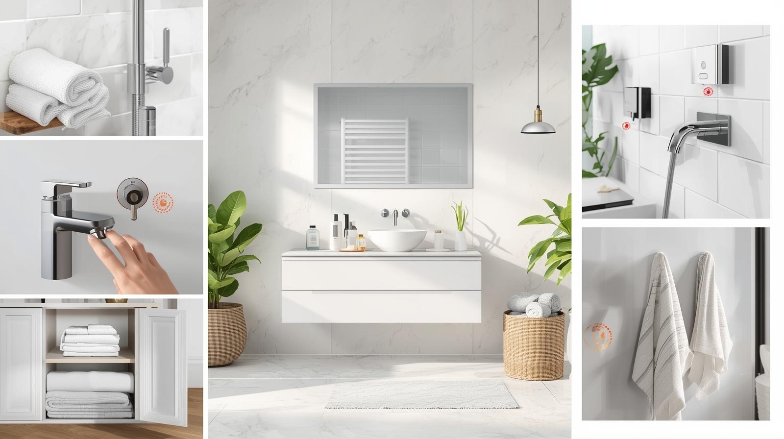 Modern bathroom with smart accessories, organized storage, plants, and sleek fixtures.