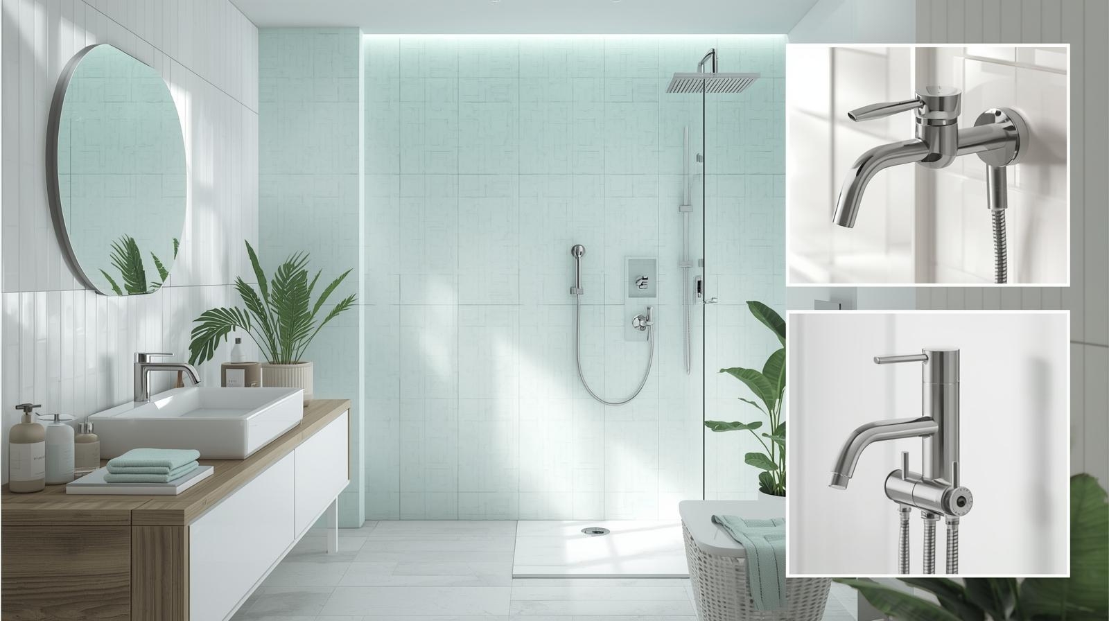 Modern bathroom with glass shower, green accents, and chrome plumbing fixtures.