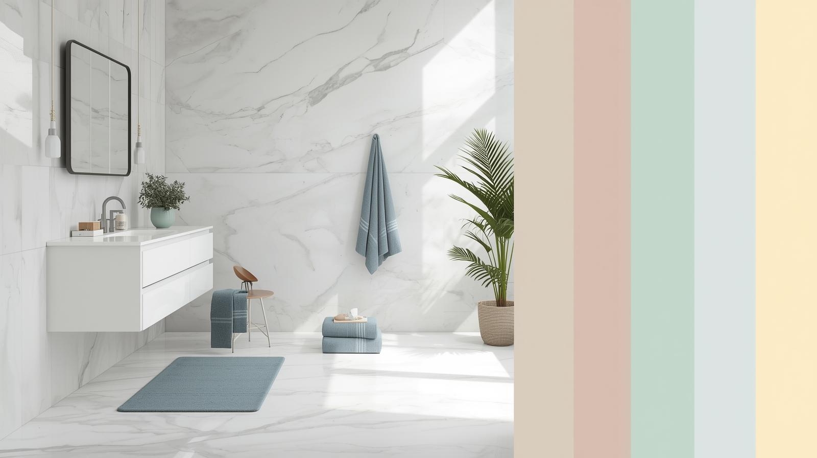 Minimal marble bathroom with blue accents, indoor plant, and color palette.
