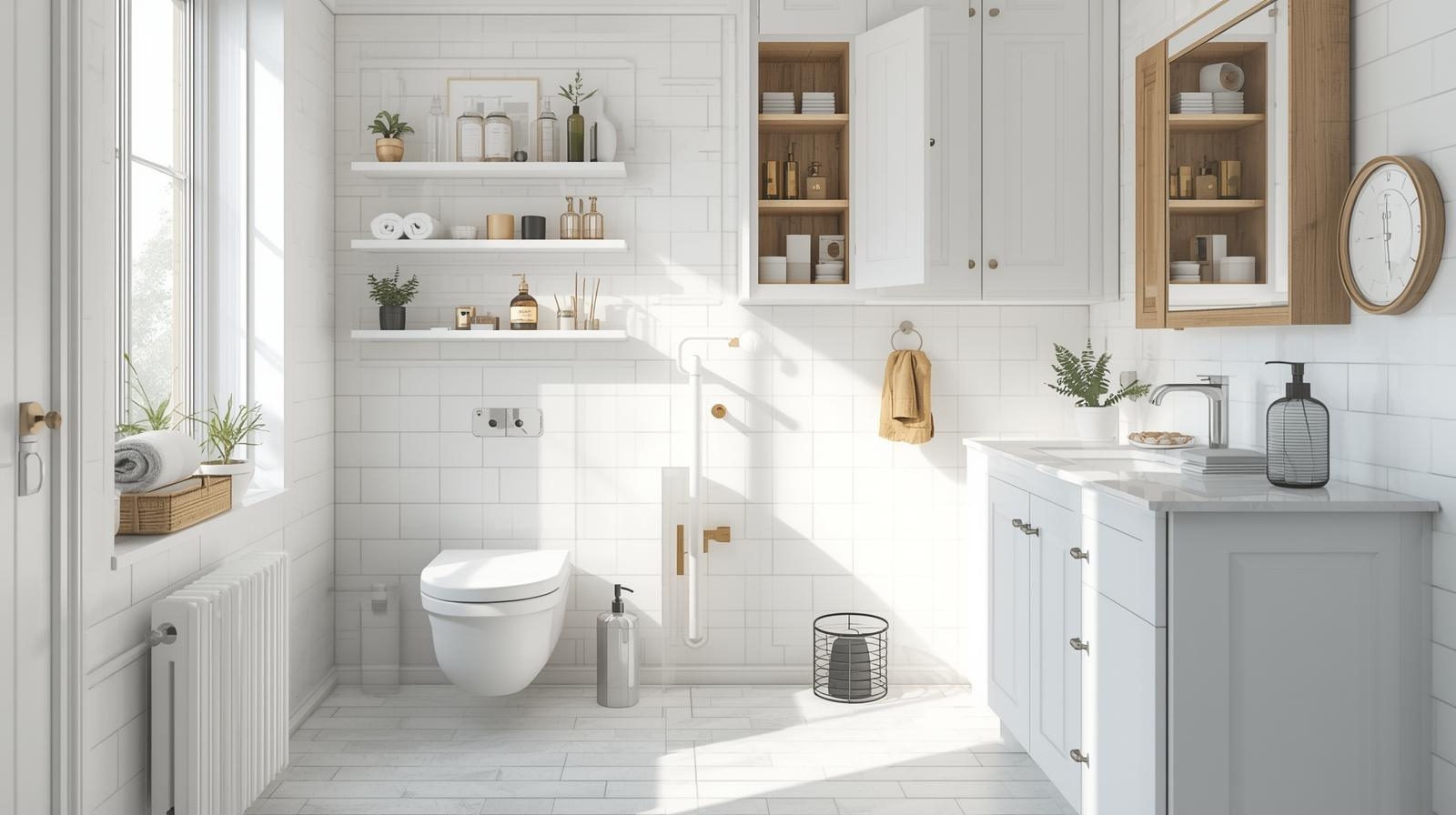 Bright modern bathroom with open shelves, white cabinets, and organized storage.