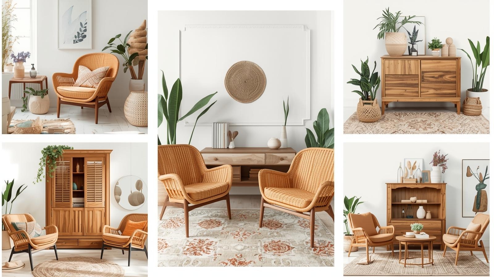 Collage showcasing handcrafted wooden furniture with woven accents and indoor plants