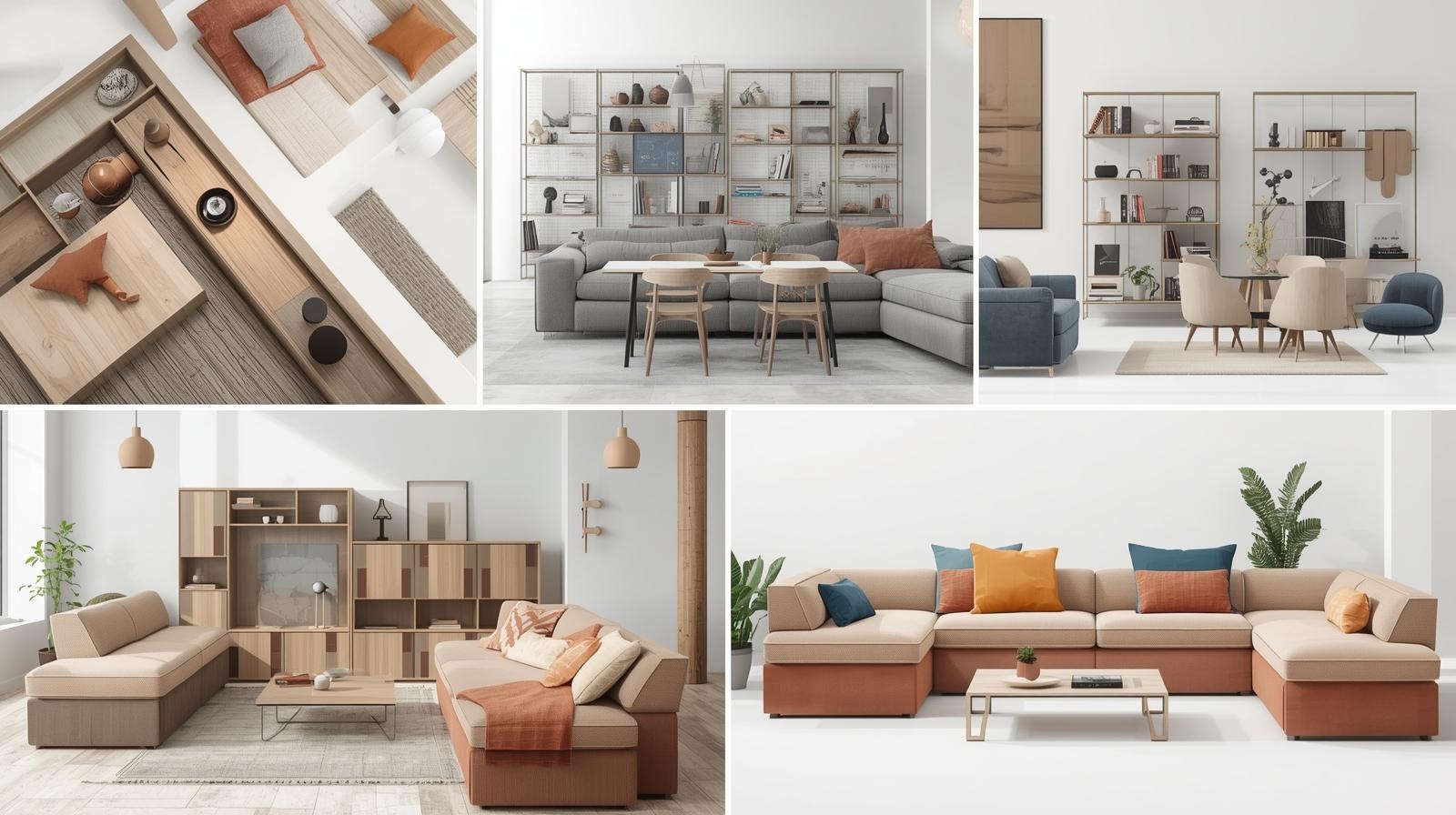 Collage of modern modular furniture arrangements in airy, neutral-toned interiors