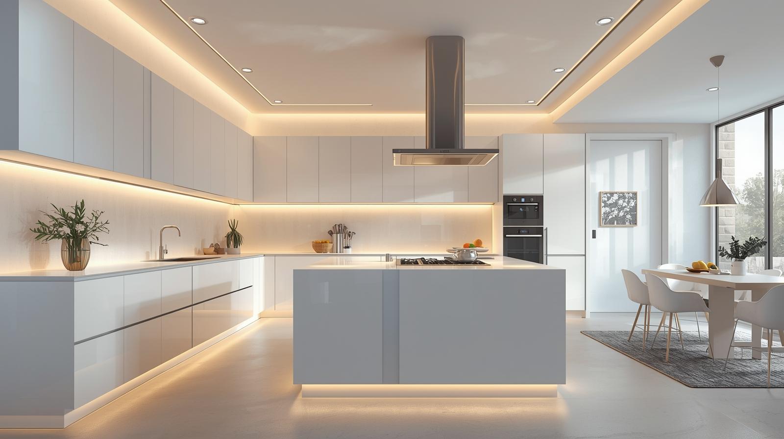 Luxury modular kitchen with island, ambient lighting, sleek white cabinetry