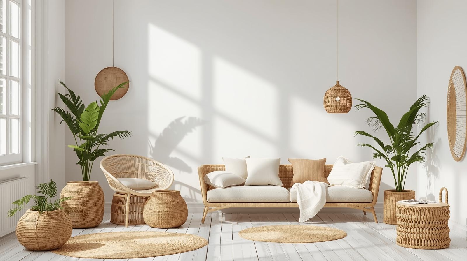 Bright cozy living room decorated with woven natural fiber furniture and plants