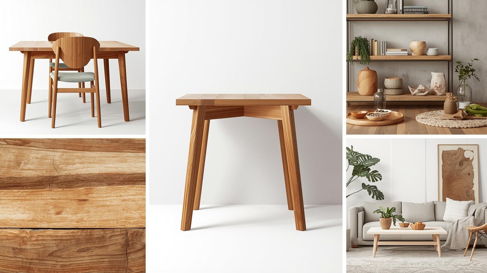 Collage showcasing modern interiors featuring natural wood furniture and decor accents