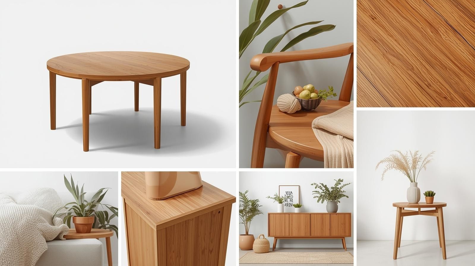 Collage of minimalist wooden furniture pieces showcasing smooth natural non-toxic finishes