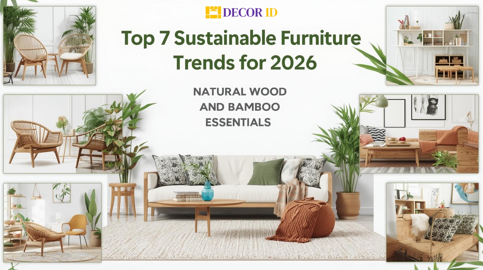 Collage of sustainable natural wood and bamboo furniture styled in modern interiors