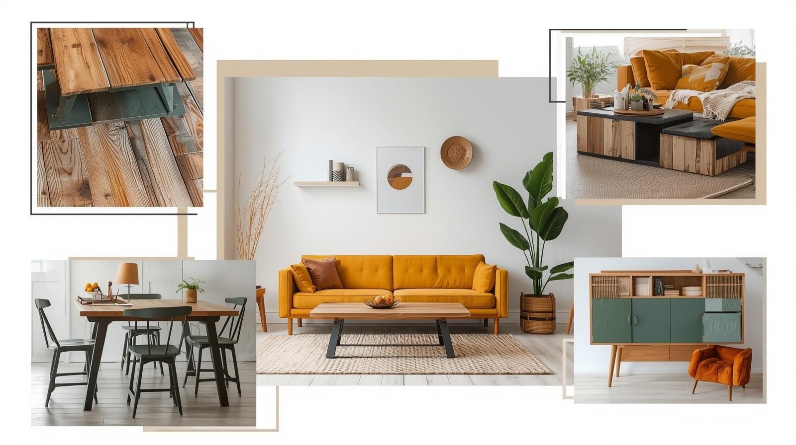 Collage of upcycled wood furniture styled in colorful modern home interiors