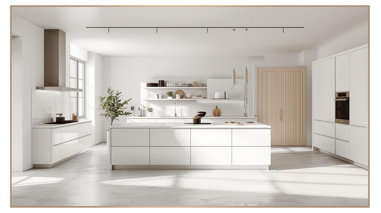 Spacious modern modular kitchen with island, white cabinets, natural light