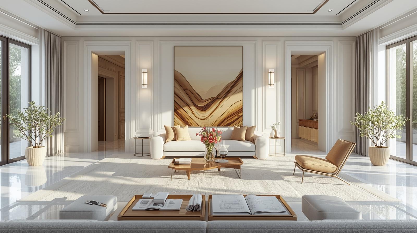 Bright modern living room showcasing balanced layout and premium interior design