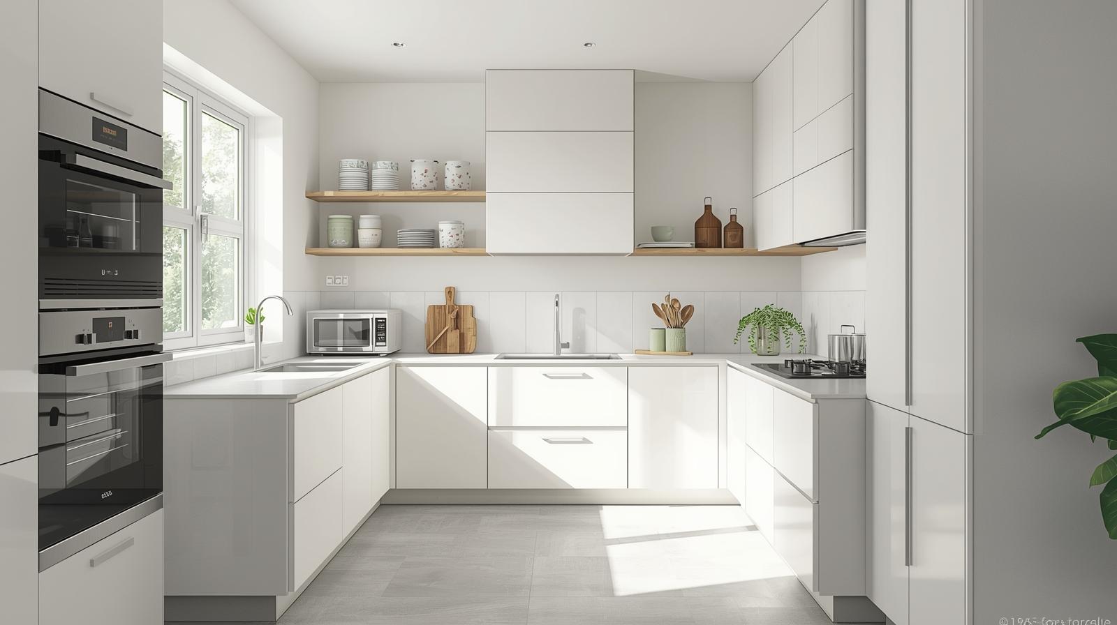 Minimalist white modular kitchen with built-in appliances, open shelves, daylight