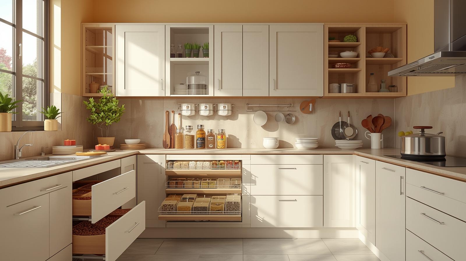 Warm modular kitchen with smart storage drawers, wooden accents, sunlight