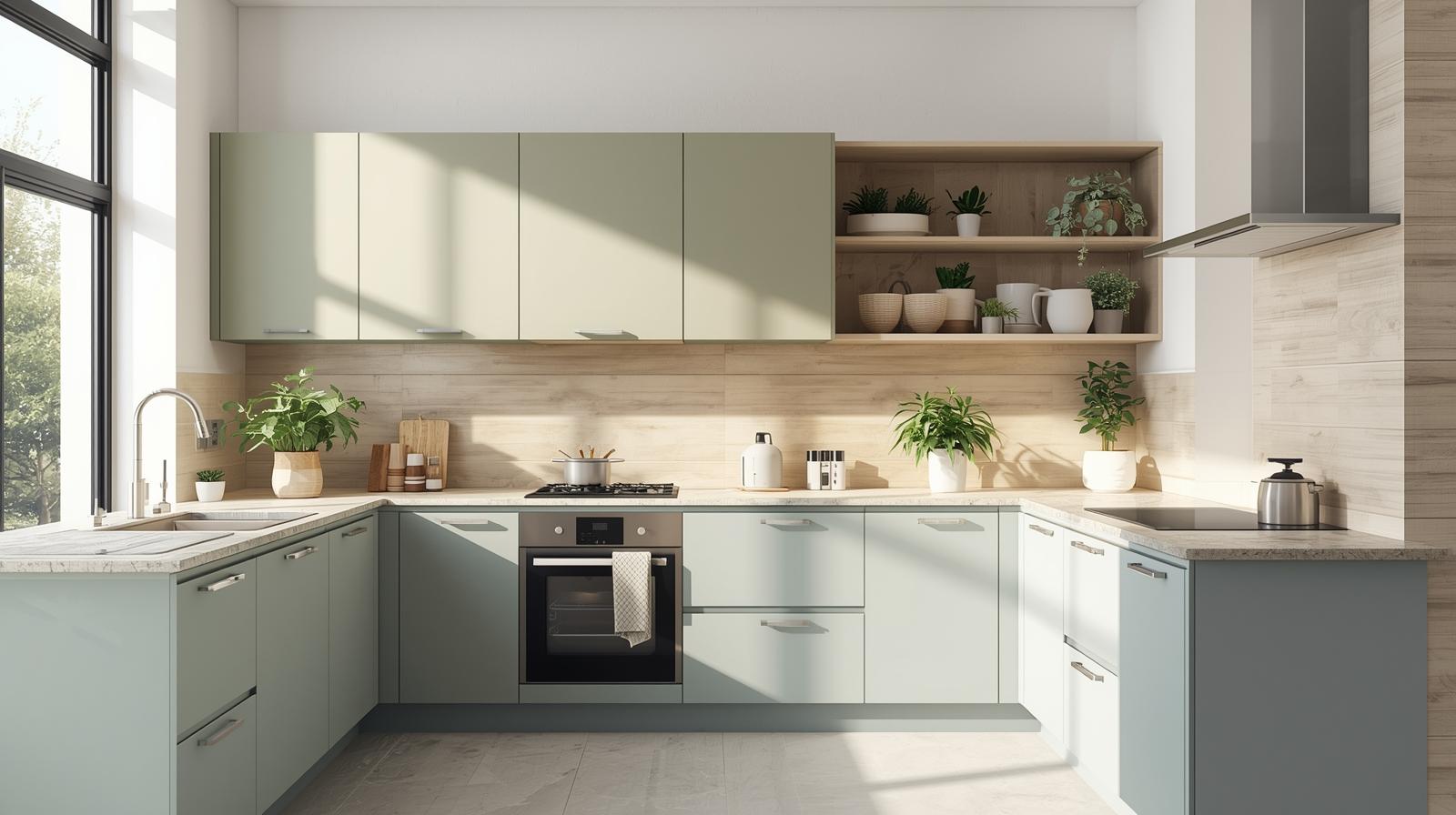 Modern modular kitchen with pastel cabinets, wooden backsplash, natural lighting
