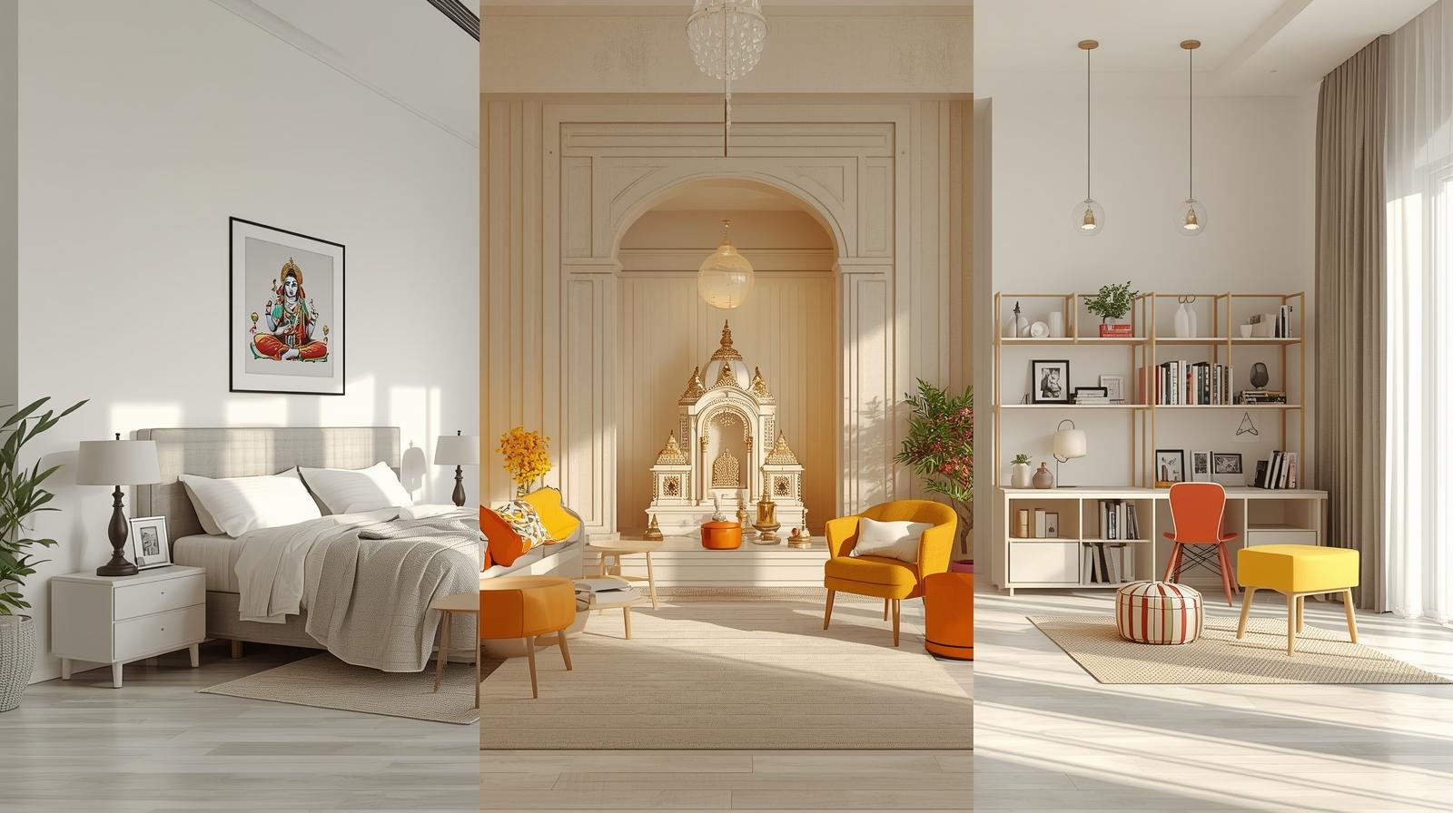 Bedroom, puja room, and study showcasing elegant modern interior furniture