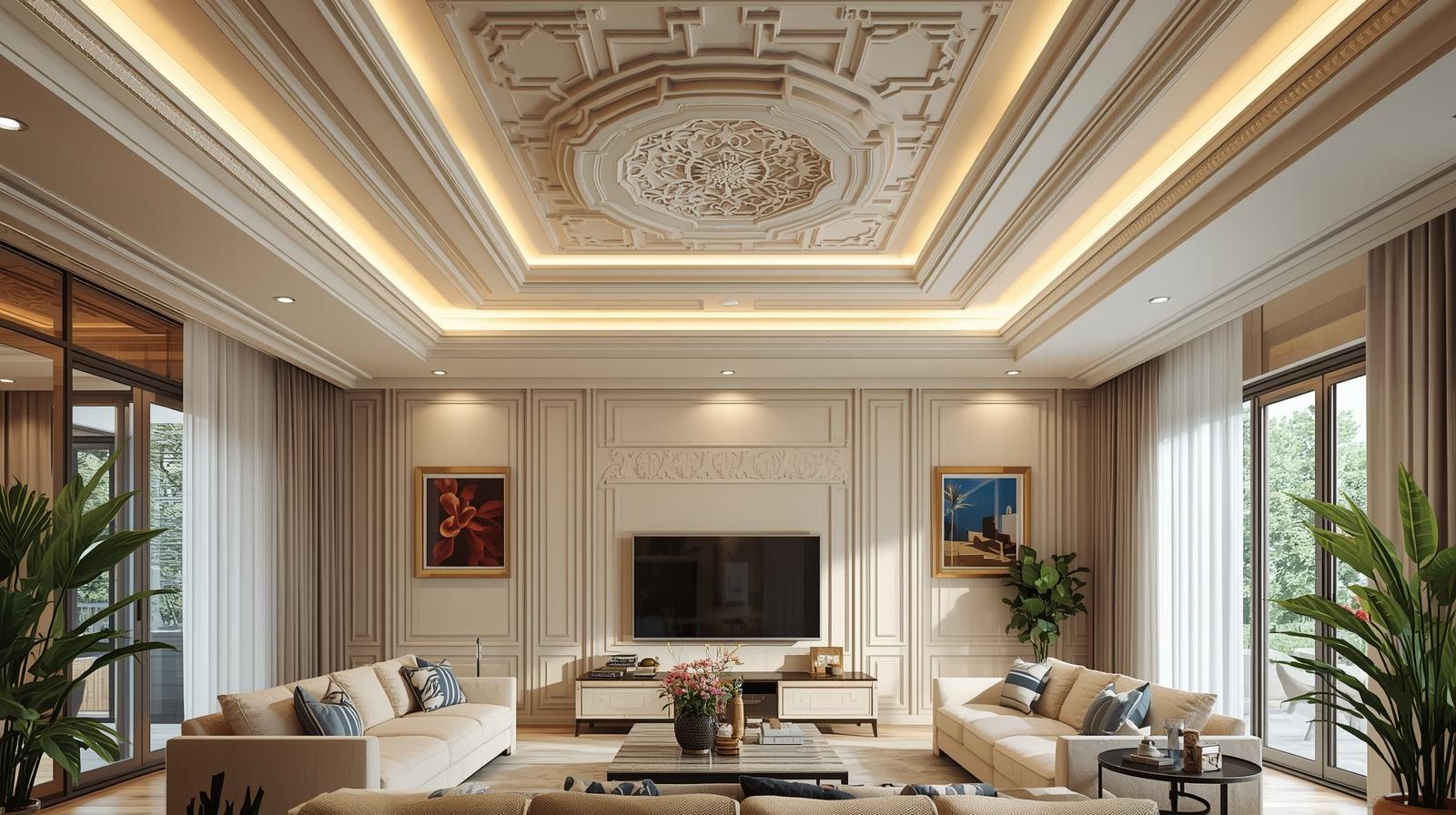 Elegant living room with ornate false ceiling, soft lighting, and neutral luxury decor.