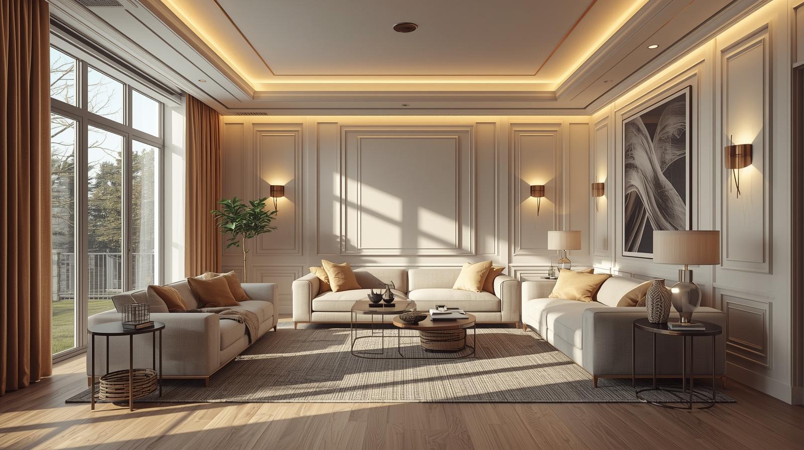 Elegant living room with layered lighting, neutral sofas, and warm ambiance.