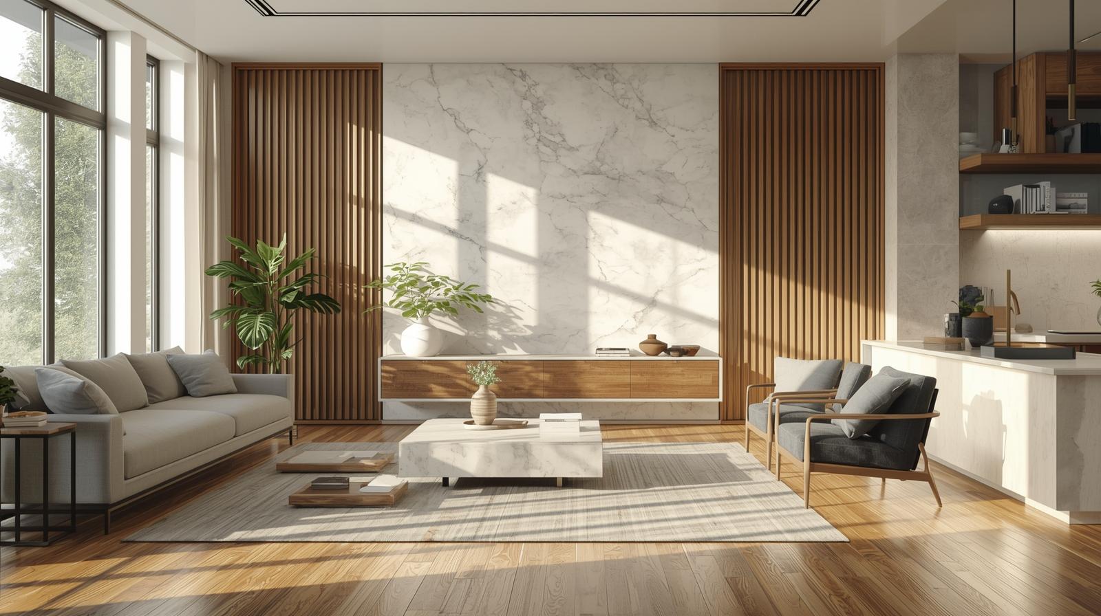 Bright modern living room with marble accent wall and warm wooden panels.