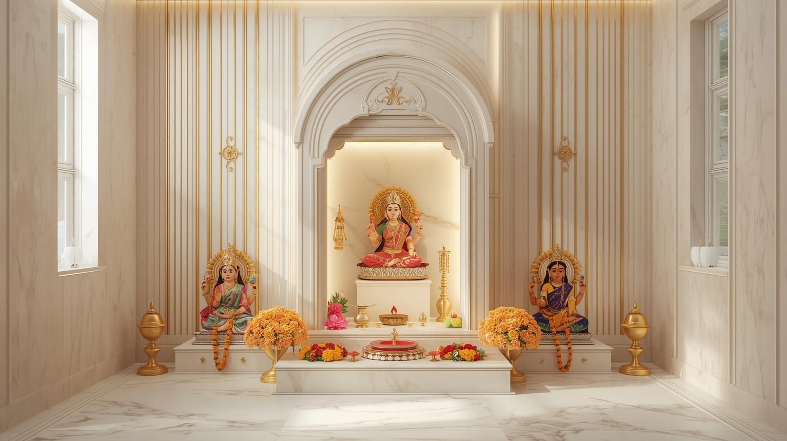 Elegant marble puja room with goddess idols, golden accents, and serene lighting.
