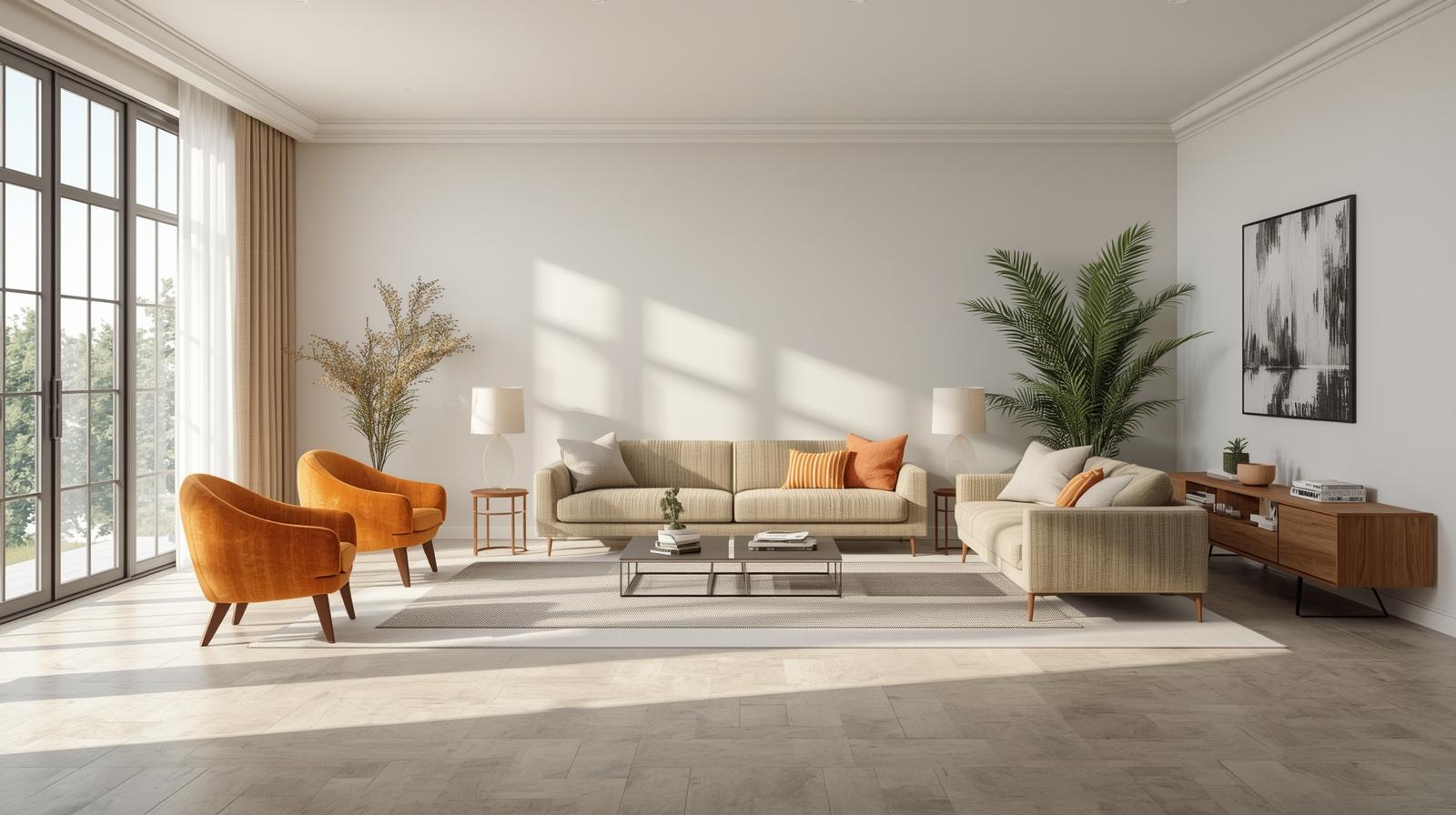 Bright modern living room with neutral sofas, accent chairs, and plants.