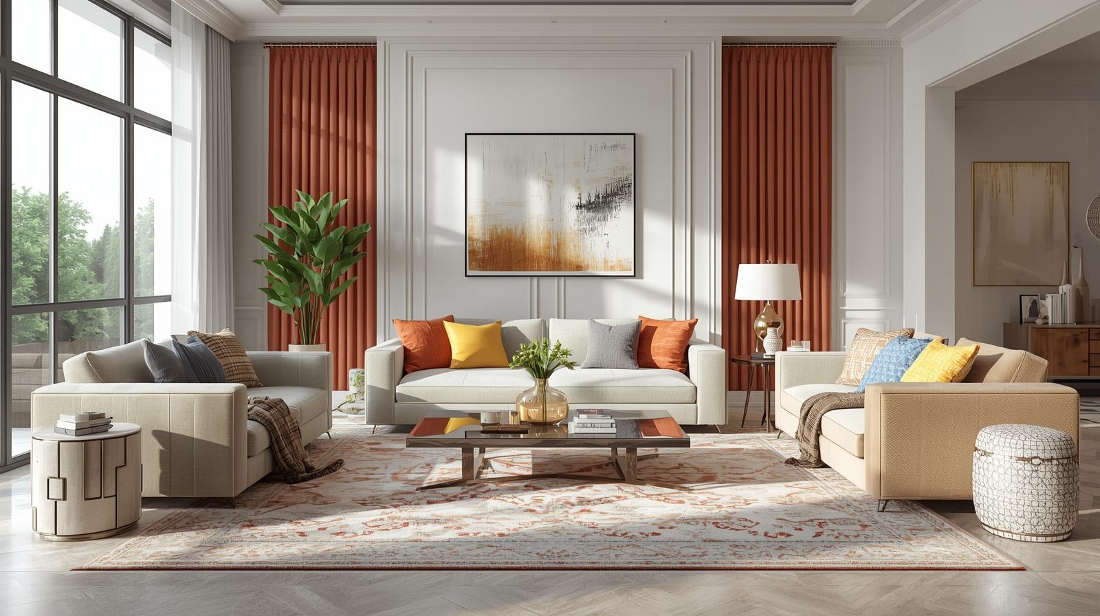 Bright modern living room with stylish sofas, cushions, and decor.