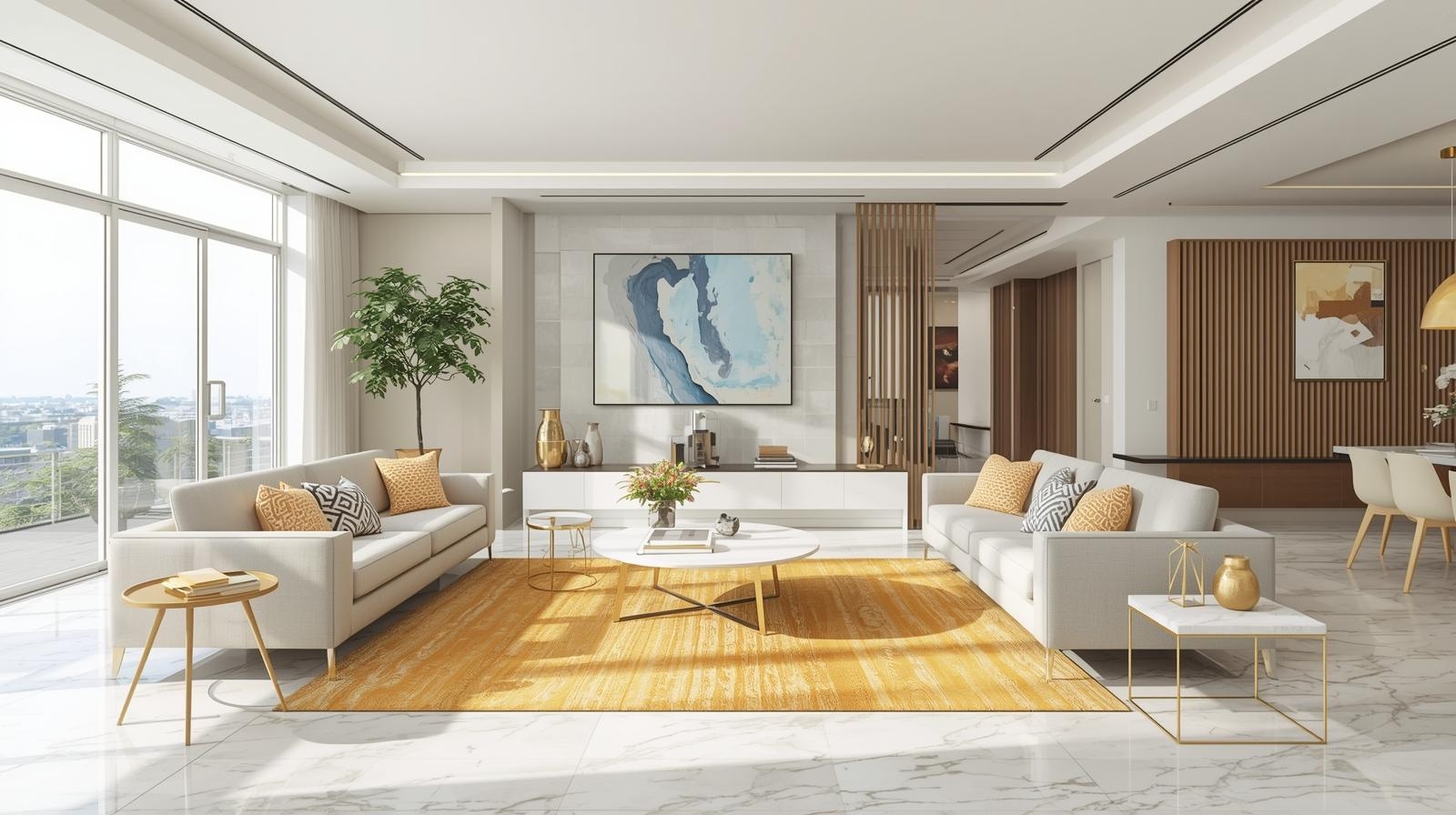 Spacious modern living room with bright decor and stylish furniture.