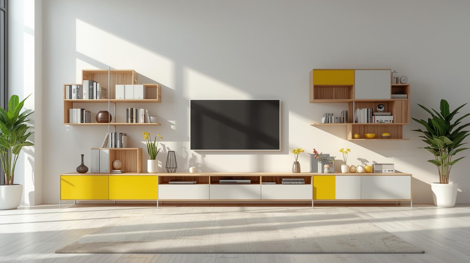 Modern TV unit with wooden shelves, yellow cabinets, and plants.