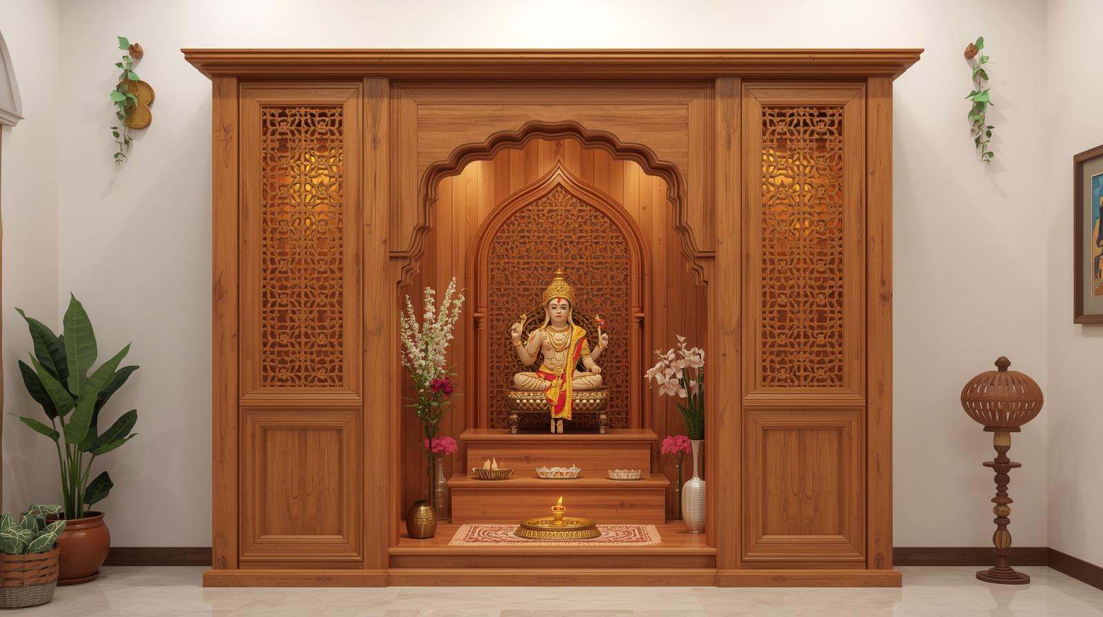 Rustic wooden mandir with carved jali panels, warm lighting, brass diya, floral decor, and traditional Indian puja room design.
