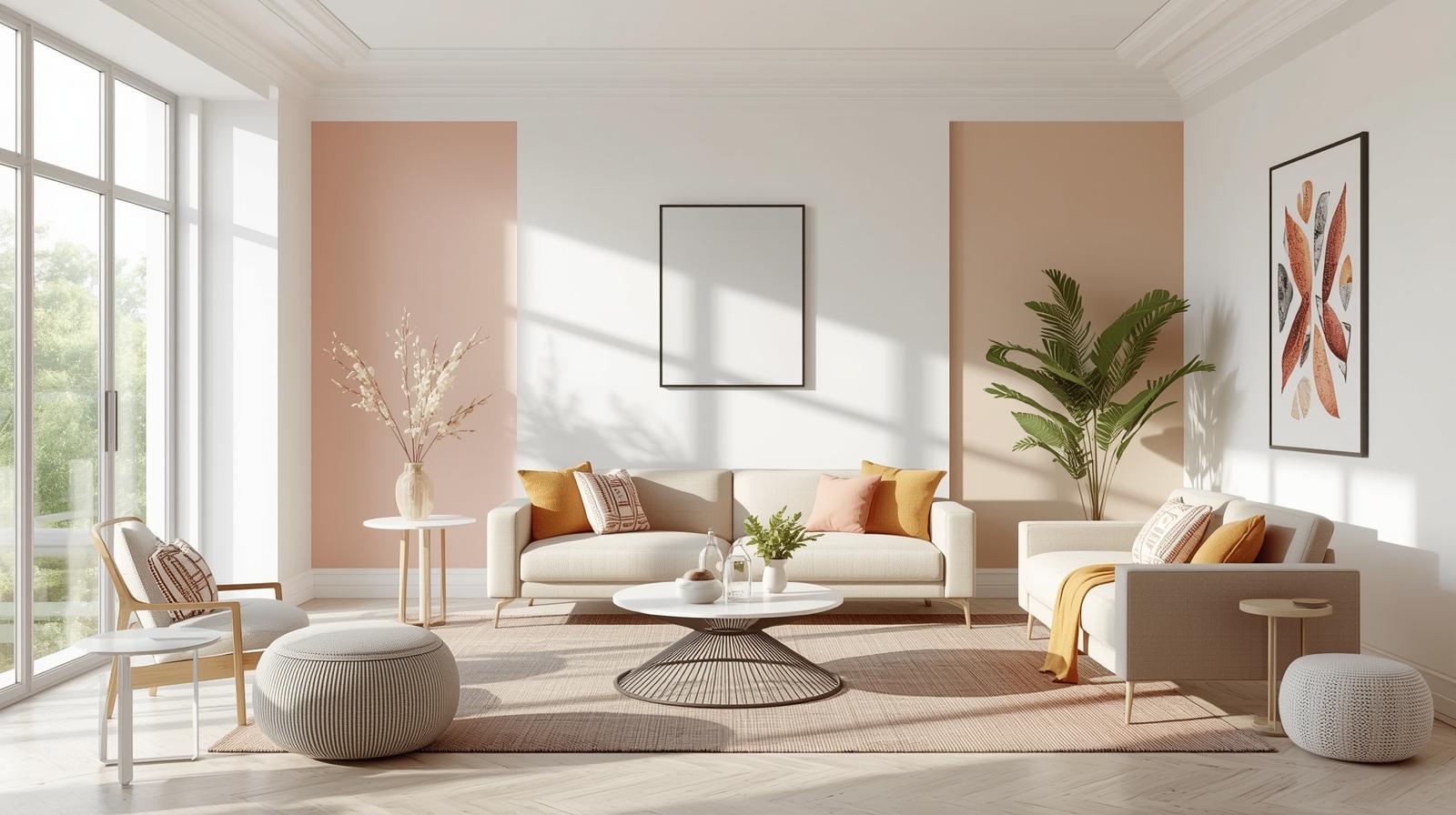 Modern living room with pastel accent walls, neutral furniture, and sunlight.