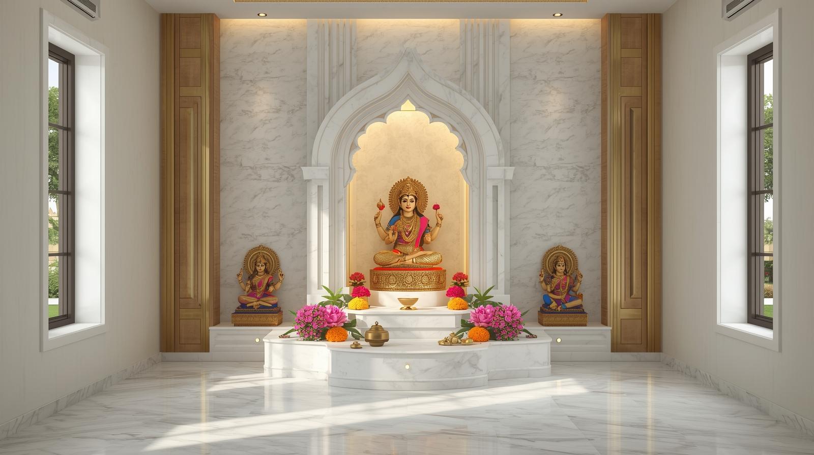 Luxury marble puja room with goddess idol, floral decor, and warm lighting.