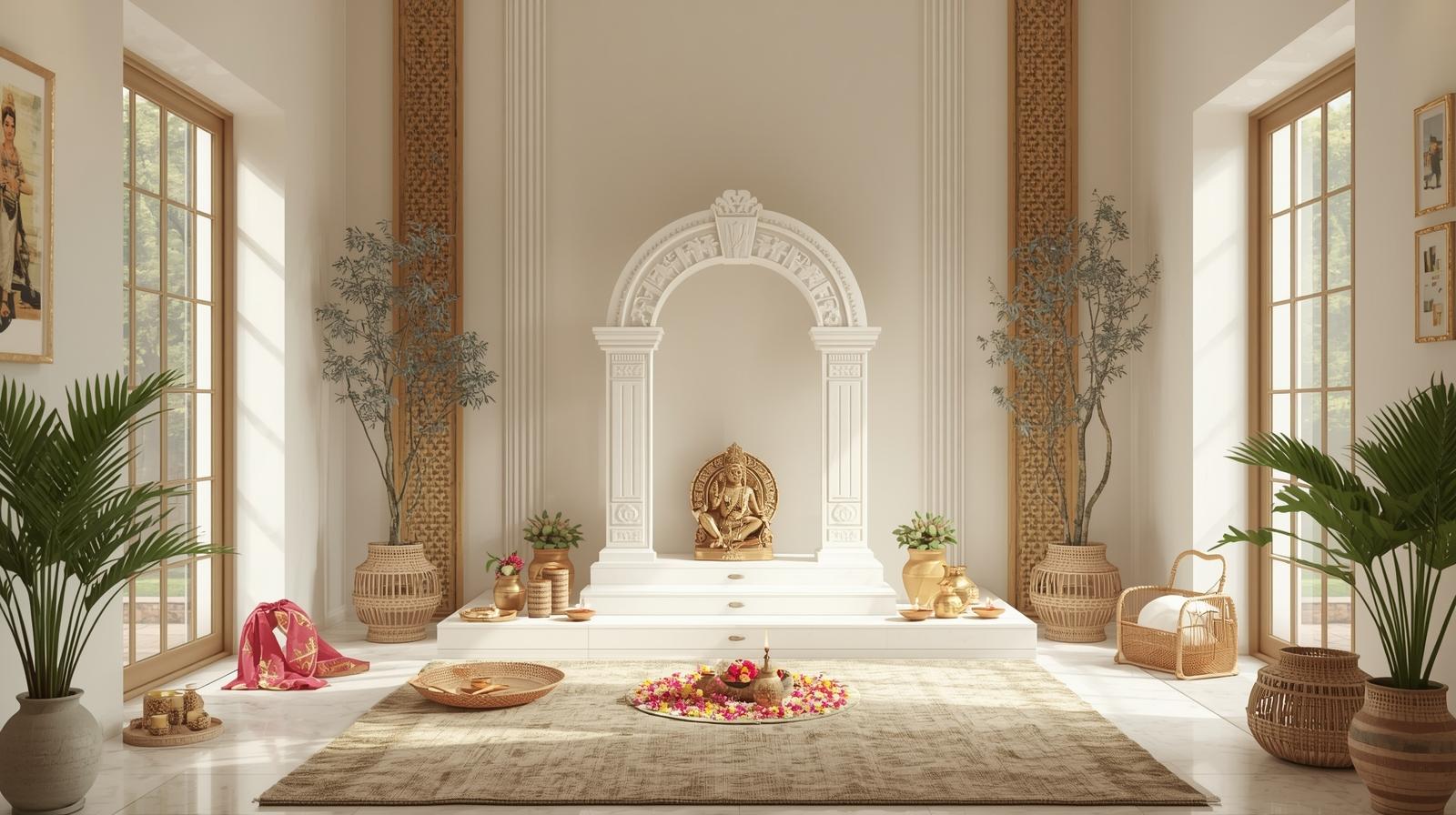 Eco-friendly white puja room with natural wood accents, indoor plants, brass diya, floral decor, and serene Indian mandir design.