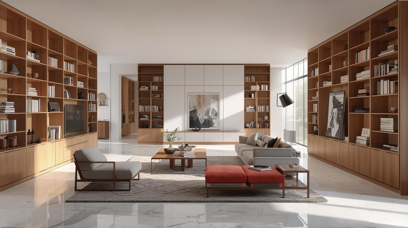 Spacious modern living room with wooden bookshelves, sofas, and natural light.
