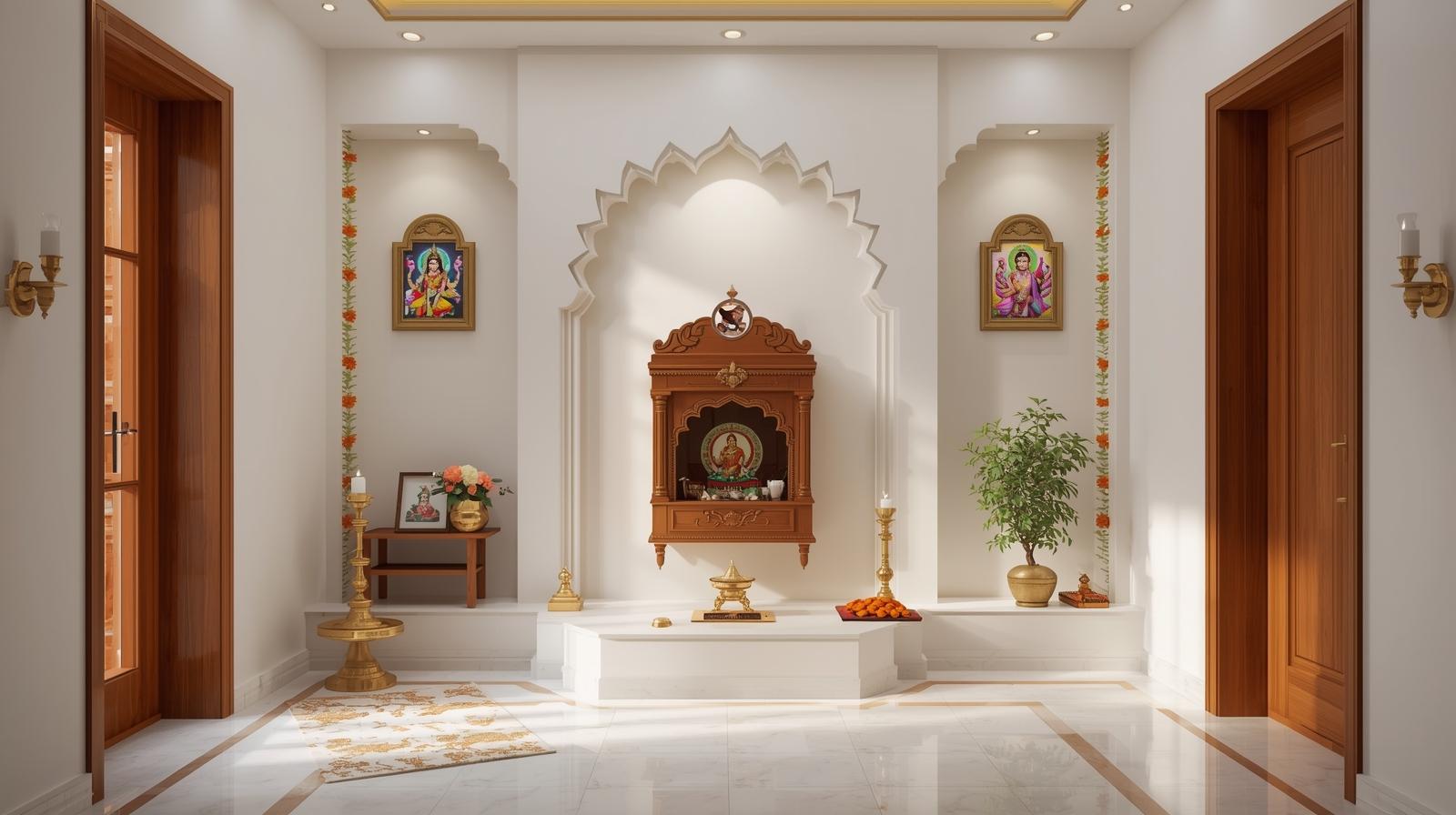 Traditional wooden mandir design with white marble flooring and serene lighting.