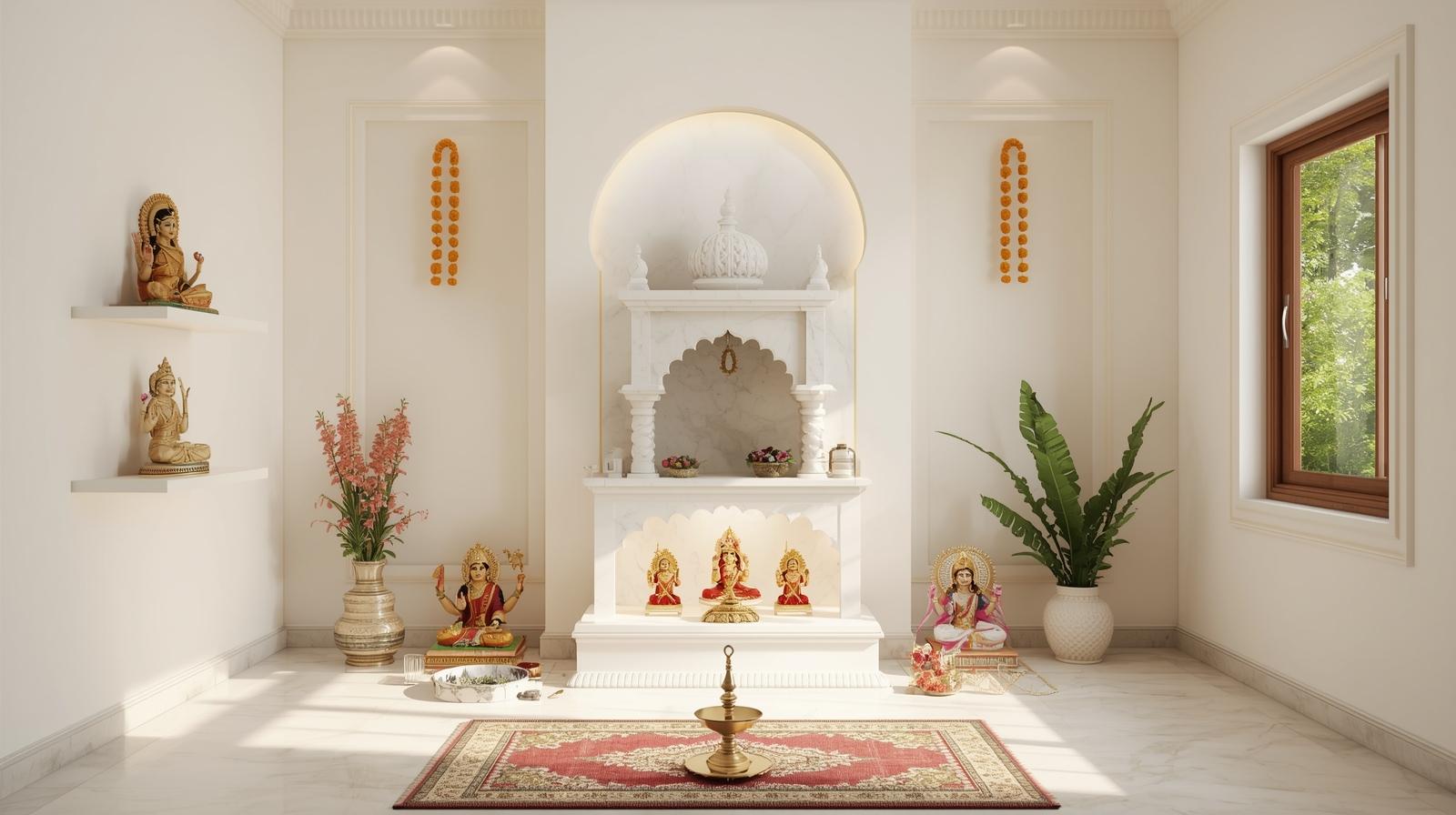 White marble puja room with arched mandir, Hindu idols, brass diya, floral decor, indoor plants, and natural light.