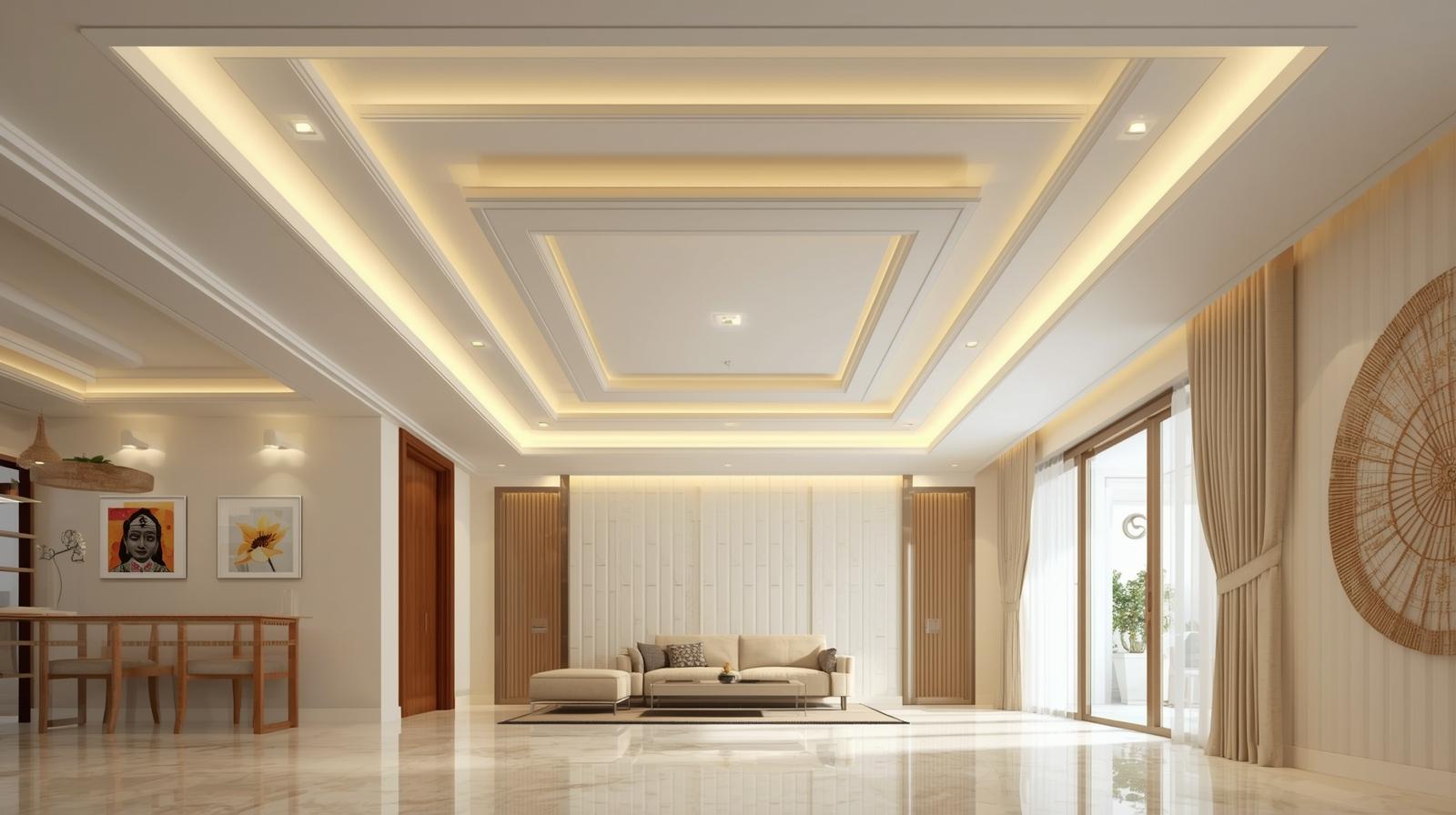 Luxury living room featuring multi-layer false ceiling with warm lighting