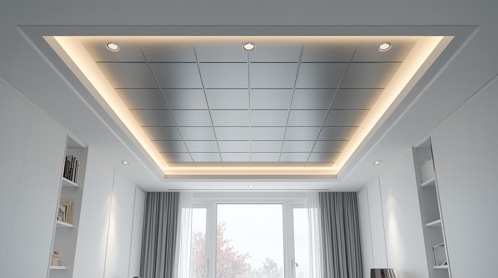 Modern false ceiling with recessed lights and clean white interiors