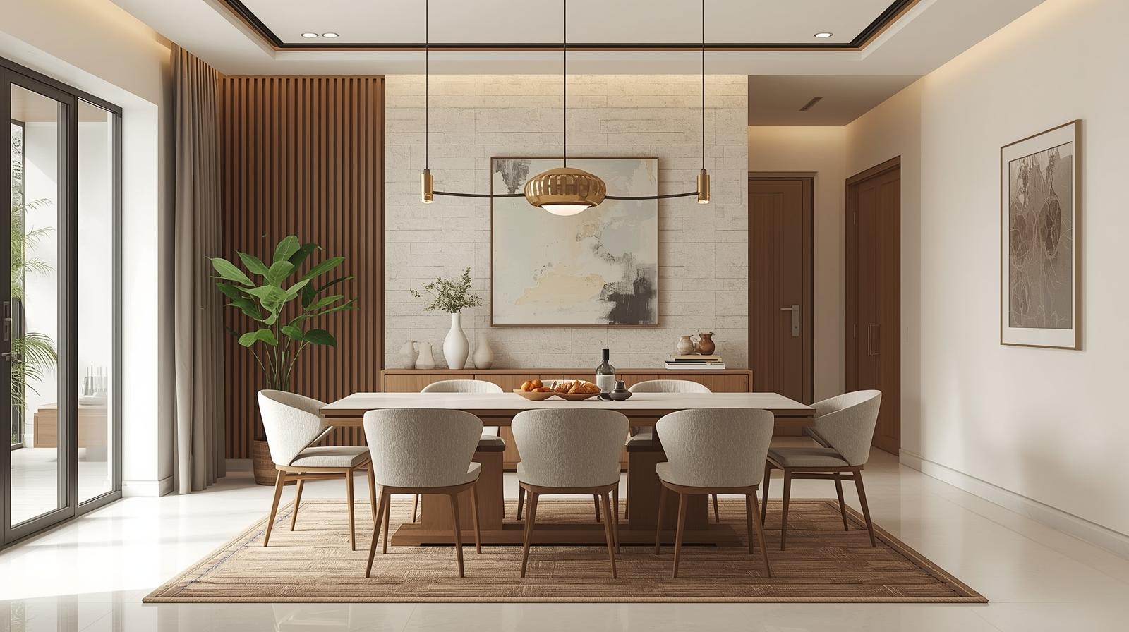 Multi-functional dining room layout combining storage, seating, and style efficiently.