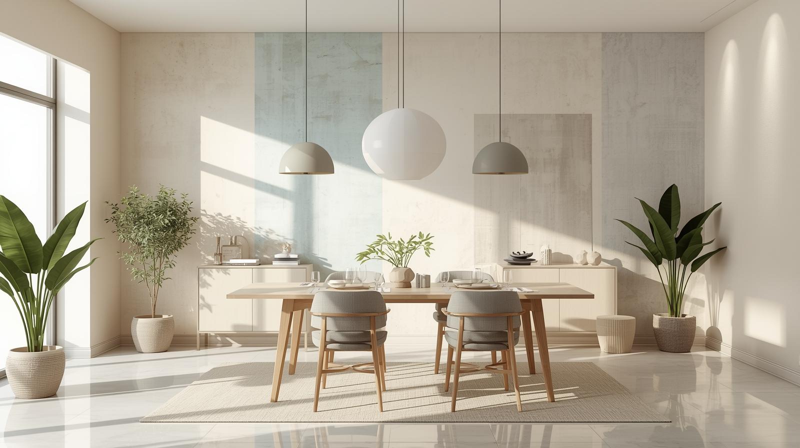 Neutral dining room palette with subtle accents and soft lighting.