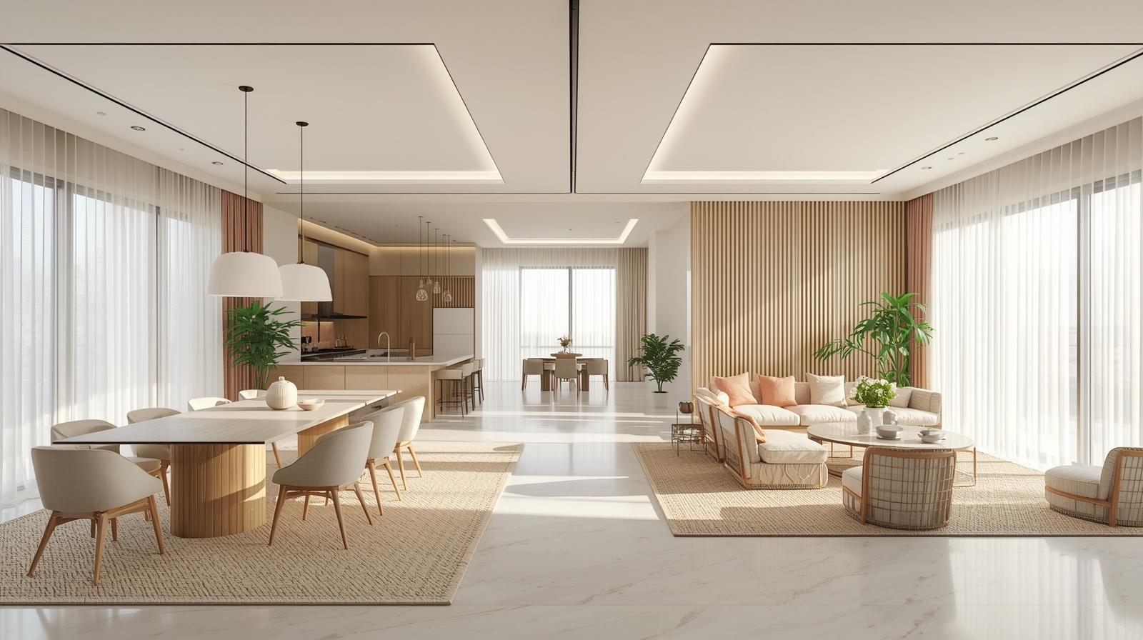 Open dining concept creating visual continuity between living, kitchen spaces