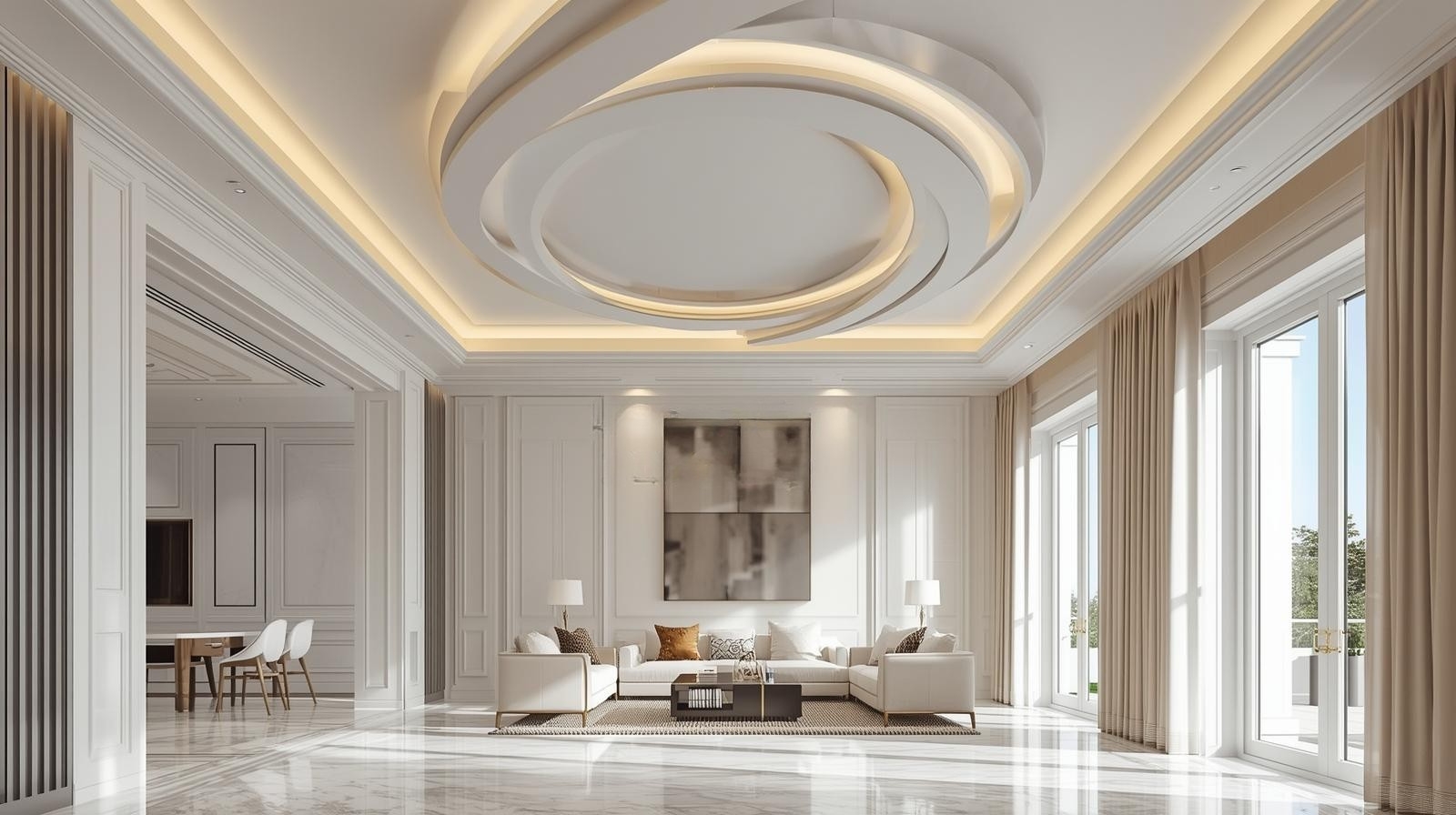 Elegant circular layered ceiling design with soft cove lighting