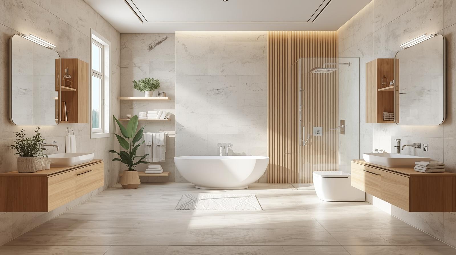 Modern bathroom with smart layout, floating storage, natural light design