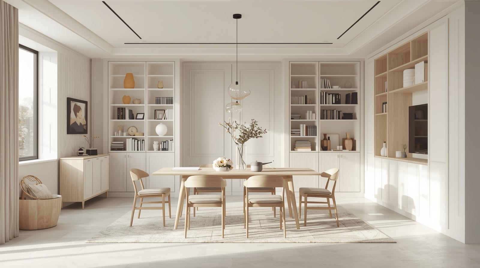 Minimal dining room with hidden smart storage and clean design.