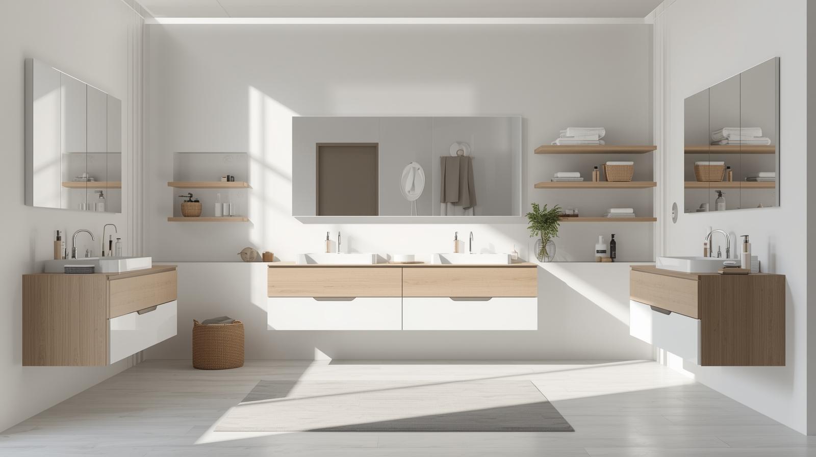Modern bathroom storage design with floating vanities, shelves, and clutter-free layout