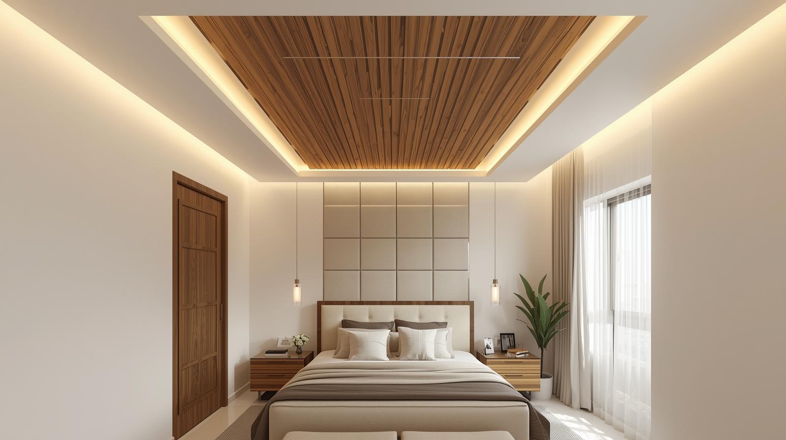 Modern bedroom with wooden false ceiling, cove lighting, and neutral interiors