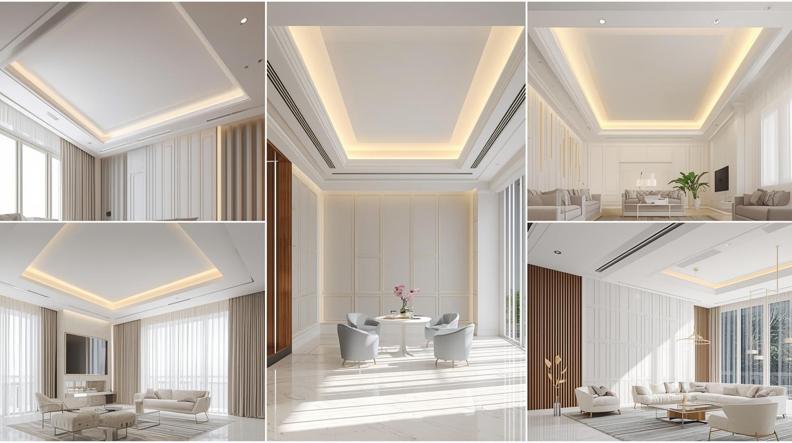 Modern white false ceiling designs with cove lighting in luxury interiors