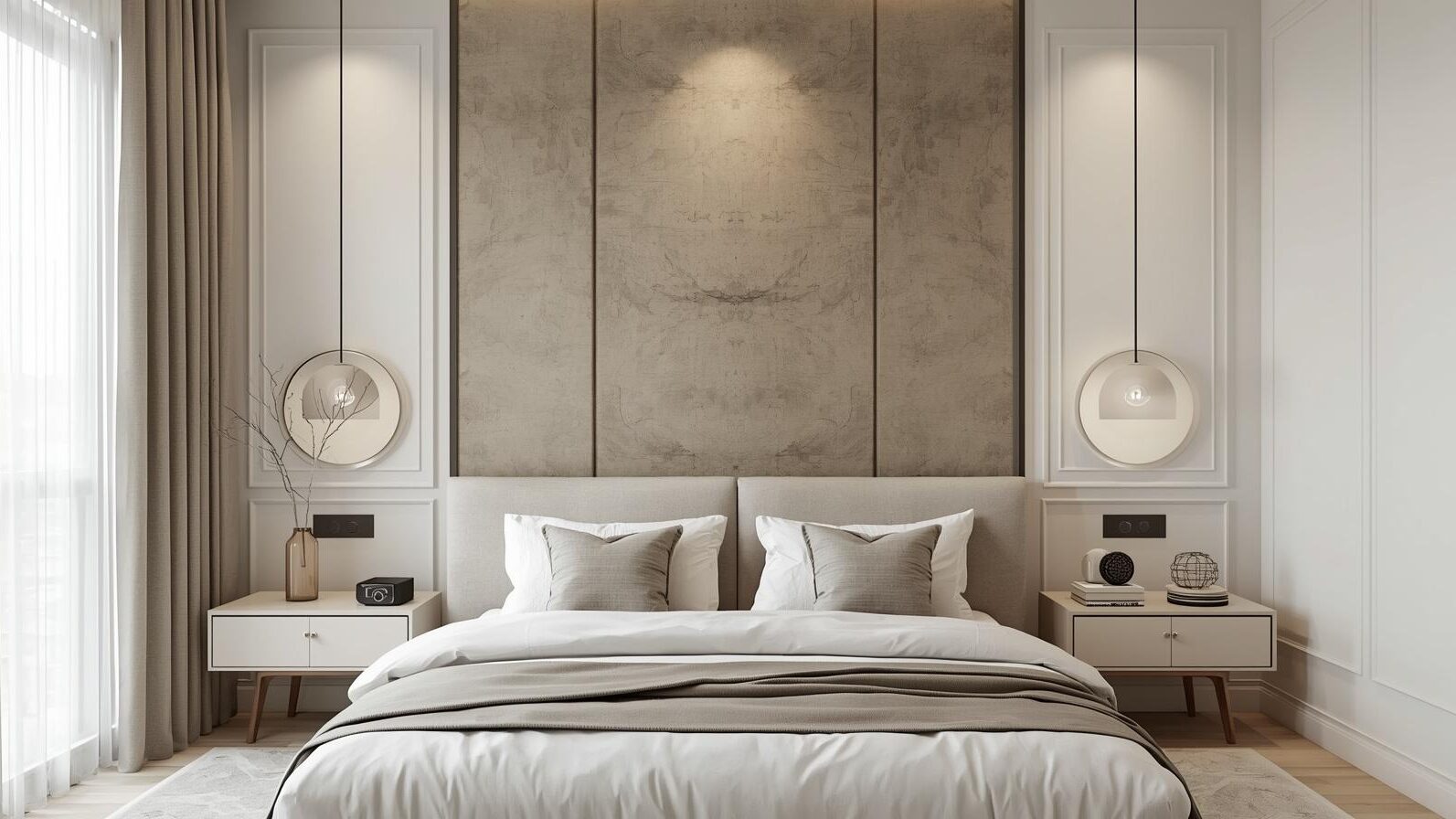 Minimalist bedroom wall design with neutral panels and pendant lights